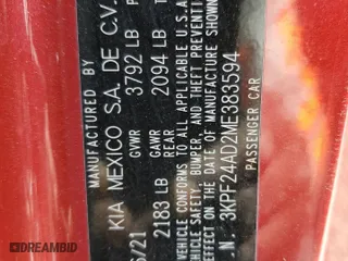 2021 Kia Forte LXS with VIN 3KPF24AD2ME383594, listed as a Copart auction lot 49260435 with 54,340 mi miles and Salvage Title. Bid and sale history available at carsss.com. Image 12.