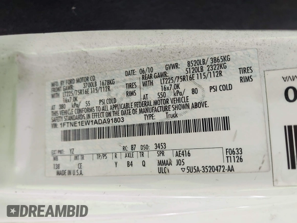 2010 Ford Econoline Cargo Commercial with VIN 1FTNE1EW1ADA91803, listed as a IAAI auction lot 42449203 with 183,537 mi miles and . Bid and sale history available at DreamBid. Image 9.
