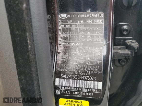 2015 Land Rover Range Rover Evoque Pure Plus с VIN SALVP2BG6FH076073, выставлен на аукционе Copart как лот 56125515 с пробегом 125 139 миль миль и Списание • Salvage title. История ставок и продаж доступна на DreamBid. Изображение 13.