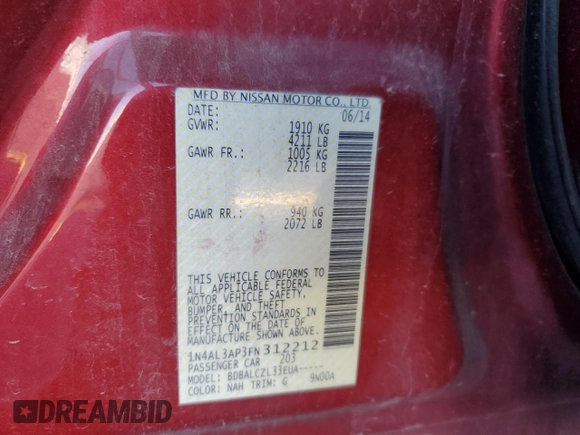 2015 Nissan Altima 2.5 with VIN 1N4AL3AP3FN312212, listed as a Copart auction lot 57919365 with 176,658 mi miles and Salvage title. Bid and sale history available at DreamBid. Image 13.