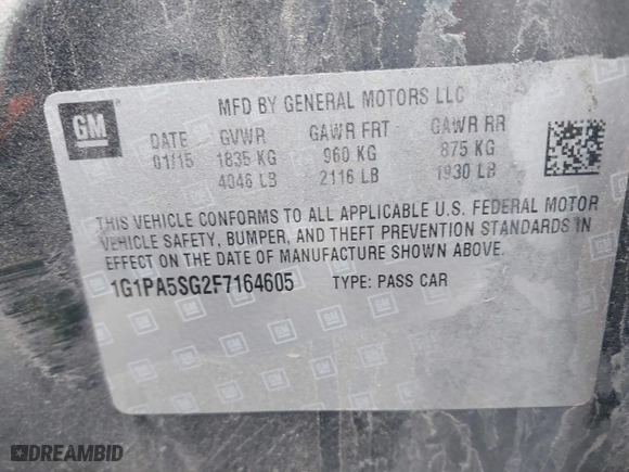 2015 Chevrolet Cruze LS with VIN 1G1PA5SG2F7164605, listed as a IAAI auction lot 41906950 with 119,161 mi miles. Bid and sale history available at carsss.com. Image 9.