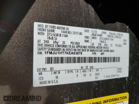 2019 Ford Expedition XLT with VIN 1FMJU1HT7KEA03878, listed as a Copart auction lot 52351735 with 25,615 mi miles and Salvage Title. Bid and sale history available at carsss.com. Image 13.