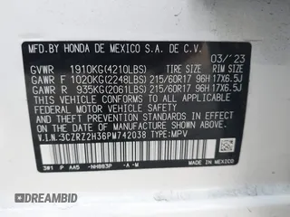 2023 Honda HR-V LX with VIN 3CZRZ2H36PM742038, listed as a IAAI auction lot 41465700 with 13,081 mi miles. Bid and sale history available at carsss.com. Image 9.