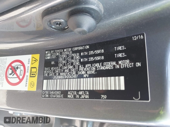 2017 Lexus NX 200t with VIN JTJYARBZ3H2062487, listed as a IAAI auction lot 42054469 with 239,759 mi miles and . Bid and sale history available at DreamBid. Image 9.