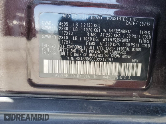 2013 Subaru Outback Limited with VIN 4S4BRDSC6D2217197, listed as a Copart auction lot 54395695 with 206,776 mi miles and Salvage title. Bid and sale history available at DreamBid. Image 14.