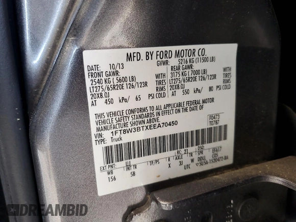 2014 Ford F-350 XLT with VIN 1FT8W3BTXEEA70450, listed as a Copart auction lot 55392315 with 167,895 mi miles and Salvage title. Bid and sale history available at DreamBid. Image 12.