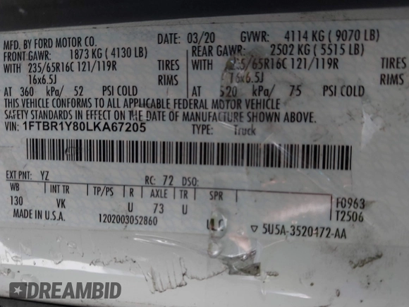 2020 Ford Transit Cargo with VIN 1FTBR1Y80LKA67205, listed as a IAAI auction lot 41805459 with 184,186 mi miles and . Bid and sale history available at DreamBid. Image 9.