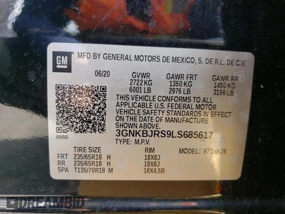 2020 Chevrolet Blazer LT with VIN 3GNKBJRS9LS685617, listed as a Copart auction lot 52412015 with 57,968 mi miles and Salvage title. Bid and sale history available at DreamBid. Image 14.