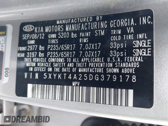 2013 Kia Sorento LX with VIN 5XYKT4A25DG379178, listed as a IAAI auction lot 41080352 with 112,927 mi miles. Bid and sale history available at carsss.com. Image 9.