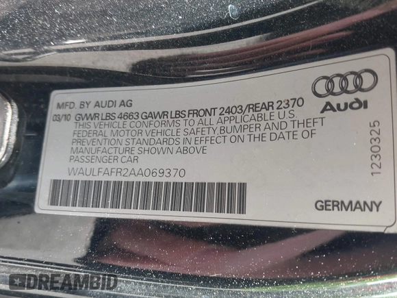 2010 Audi A5 Premium Plus с VIN WAULFAFR2AA069370, выставлен на аукционе IAAI как лот 42301018 с пробегом 114 526 миль миль и . История ставок и продаж доступна на DreamBid. Изображение 9.