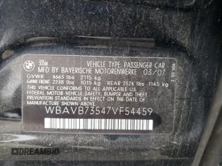 2007 BMW 3 Series 335i with VIN WBAVB73547VF54459, listed as a Copart auction lot 59791315 with 127,018 mi miles and Salvage title. Bid and sale history available at DreamBid. Image 12.