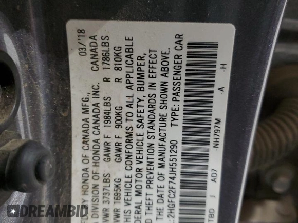 2018 Honda Civic EX with VIN 2HGFC2F74JH551290, listed as a Copart auction lot 45711675 with 123,774 mi miles and Salvage Title. Bid and sale history available at DreamBid. Image 14.