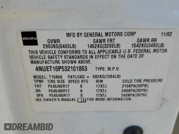 2003 Isuzu Ascender with VIN 4NUET16P532101863, listed as a Copart auction lot 75560984 with 195,883 mi miles and Salvage title. Bid and sale history available at DreamBid. Image 14.
