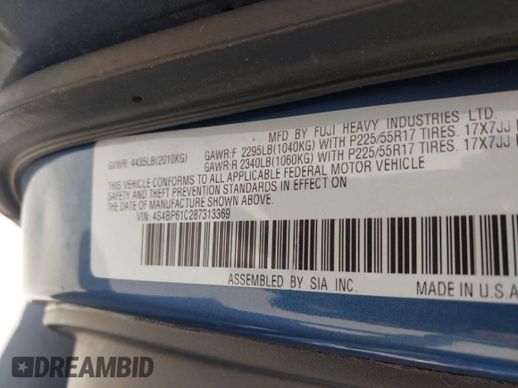 2008 Subaru Outback i with VIN 4S4BP61C287313369, listed as a IAAI auction lot 42045380 with 130,611 mi miles and . Bid and sale history available at DreamBid. Image 9.