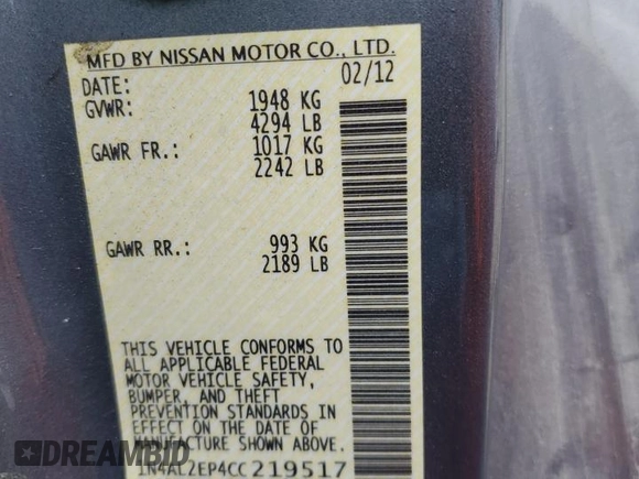 2012 Nissan Altima 2.5 S with VIN 1N4AL2EP4CC219517, listed as a Copart auction lot 48226895 with 99,039 mi miles and Salvage Title. Bid and sale history available at carsss.com. Image 12.