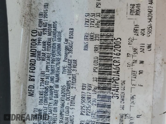 2012 Ford Fusion SEL with VIN 3FAHP0JA6CR162005, listed as a Copart auction lot 54598715 with 198,784 mi miles and Salvage Title. Bid and sale history available at carsss.com. Image 12.