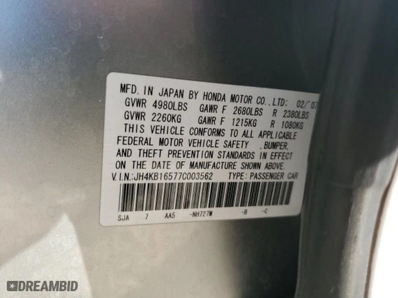 2007 Acura RL with VIN JH4KB16577C003562, listed as a Copart auction lot 79055724 with NaN miles and Salvage Title. Bid and sale history available at carsss.com. Image 12.