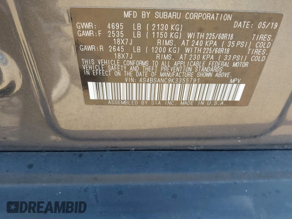 2019 Subaru Outback Limited with VIN 4S4BSANC9K3355791, listed as a IAAI auction lot 42304147 with 50,923 mi miles and . Bid and sale history available at DreamBid. Image 9.