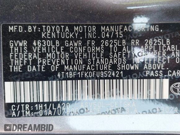 2015 Toyota Camry XLE with VIN 4T1BF1FK0FU952421, listed as a IAAI auction lot 41714622 with 125,553 mi miles and . Bid and sale history available at DreamBid. Image 9.