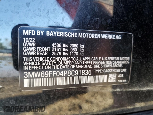 2023 BMW 3 Series 330i with VIN 3MW69FF04P8C91836, listed as a Copart auction lot 48255555 with 27,514 mi miles and Salvage Title. Bid and sale history available at carsss.com. Image 12.