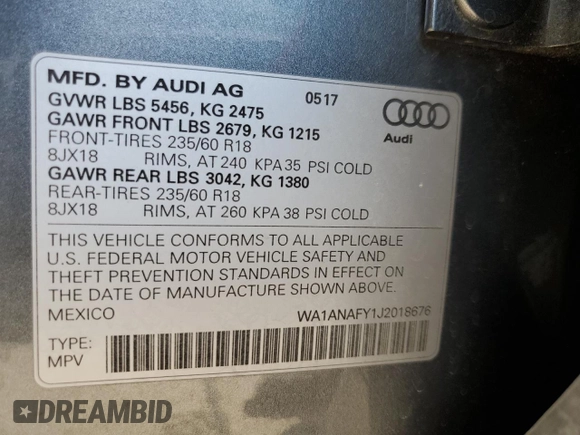 2018 Audi Q5 Premium with VIN WA1ANAFY1J2018676, listed as a Copart auction lot 62463232 with 69,554 mi miles. Bid and sale history available at carsss.com. Image 10.