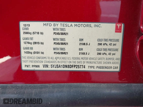 2013 Tesla Model S with VIN 5YJSA1DN8DFP25774, listed as a IAAI auction lot 41998095 with 135,671 mi miles and . Bid and sale history available at carsss.com. Image 9.