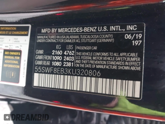 2019 Mercedes-Benz C C 300 with VIN 55SWF8EB3KU320806, listed as a IAAI auction lot 41983005 with 61,262 mi miles. Bid and sale history available at carsss.com. Image 9.