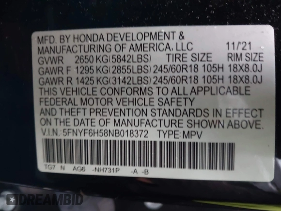 2022 Honda Pilot EX-L with VIN 5FNYF6H58NB018372, listed as a IAAI auction lot 42327580 with 79,332 mi miles and . Bid and sale history available at DreamBid. Image 9.