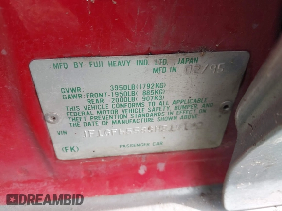 1995 Subaru Impreza with VIN JF1GF6558SH814122, listed as a IAAI auction lot 41787655 with 247,202 mi miles and . Bid and sale history available at DreamBid. Image 9.
