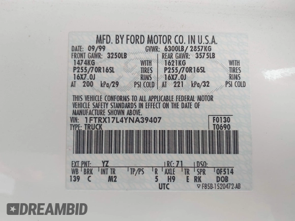 2000 Ford F-150 XL with VIN 1FTRX17L4YNA39407, listed as a IAAI auction lot 42141350 with 82,824 mi miles and . Bid and sale history available at DreamBid. Image 9.