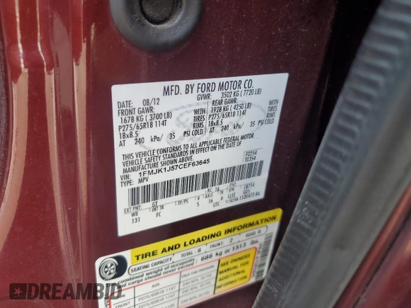 2012 Ford Expedition Max King Ranch with VIN 1FMJK1J57CEF63645, listed as a Copart auction lot 62130665 with 105,839 mi miles and Salvage title. Bid and sale history available at DreamBid. Image 13.
