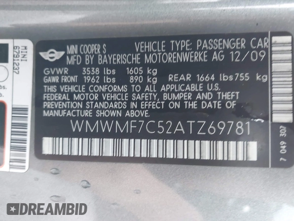 2010 MINI Hardtop S with VIN WMWMF7C52ATZ69781, listed as a IAAI auction lot 42181620 with 80,967 mi miles and . Bid and sale history available at DreamBid. Image 9.