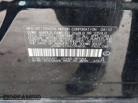 2010 Lexus ES 330 with VIN JTHBK1EGXA2394836, listed as a IAAI auction lot 41453890 with 90,494 mi miles and . Bid and sale history available at DreamBid. Image 9.