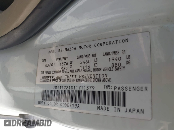 2001 Mazda Millenia with VIN JM1TA221011711379, listed as a IAAI auction lot 41897580 with 151,307 mi miles and . Bid and sale history available at DreamBid. Image 9.
