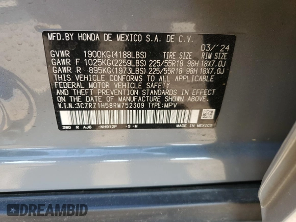 2024 Honda HR-V Sport with VIN 3CZRZ1H58RM752309, listed as a Copart auction lot 54977025 with 6,821 mi miles and Salvage title. Bid and sale history available at DreamBid. Image 13.