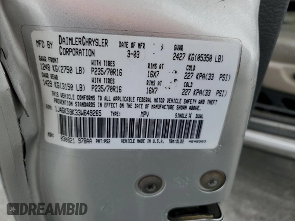 2003 Jeep Liberty Limited with VIN 1J4GK58K33W649265, listed as a Copart auction lot 54264095 with 154,152 mi miles and Salvage title. Bid and sale history available at DreamBid. Image 13.