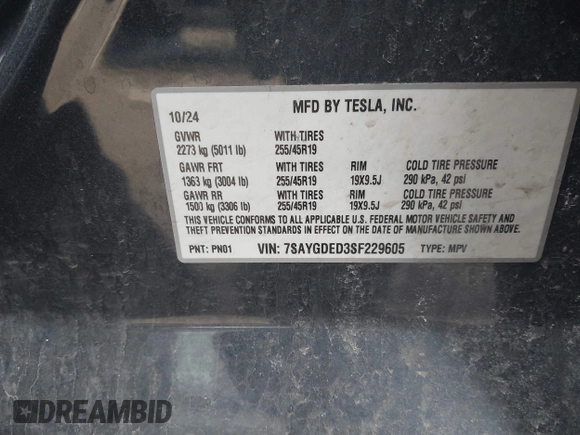 2025 Tesla Model Y Long Range with VIN 7SAYGDED3SF229605, listed as a IAAI auction lot 41726254 with Not Provided miles and . Bid and sale history available at DreamBid. Image 9.