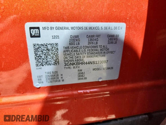 2022 Chevrolet Blazer LT z VIN 3GNKBHR44NS133097, wystawiony jako Copart lot #60976785 z przebiegiem 55 215 mil mil oraz Szkoda całkowita • Salvage title. Historia ofert i sprzedaży dostępna na DreamBid. Obrazek 13.