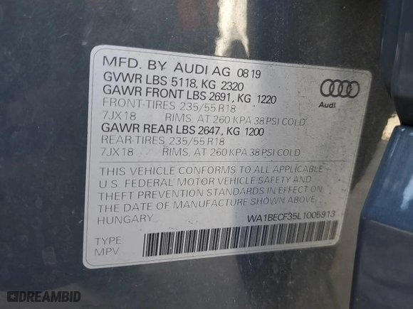 2020 Audi Q3 Premium Plus with VIN WA1BECF35L1005913, listed as a Copart auction lot 84636864 with 78,915 mi miles and Salvage Title. Bid and sale history available at carsss.com. Image 14.