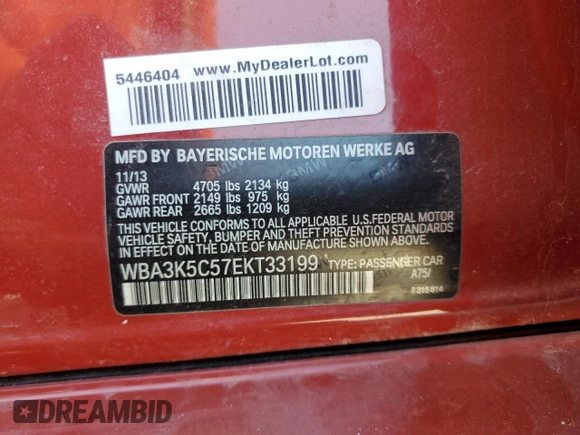 2014 BMW 3 Series 328d xDrive with VIN WBA3K5C57EKT33199, listed as a Copart auction lot 61461245 with 114,134 mi miles and Salvage title. Bid and sale history available at DreamBid. Image 12.