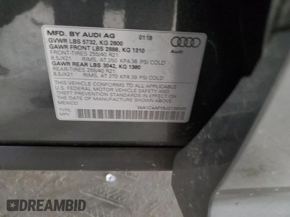 2018 Audi SQ5 Prestige with VIN WA1C4AFY6J2126545, listed as a Copart auction lot 62265185 with 78,396 mi miles and Salvage title. Bid and sale history available at DreamBid. Image 13.