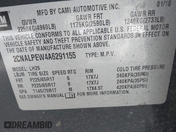 2010 Chevrolet Equinox LT w/2LT with VIN 2CNALPEW4A6291155, listed as a IAAI auction lot 41865340 with 162,272 mi miles. Bid and sale history available at carsss.com. Image 9.