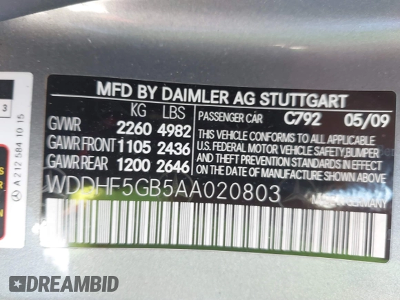 2010 Mercedes-Benz E 350 Luxury с VIN WDDHF5GB5AA020803, выставлен на аукционе IAAI как лот 41235383 с пробегом 170 088 миль миль и . История ставок и продаж доступна на DreamBid. Изображение 9.