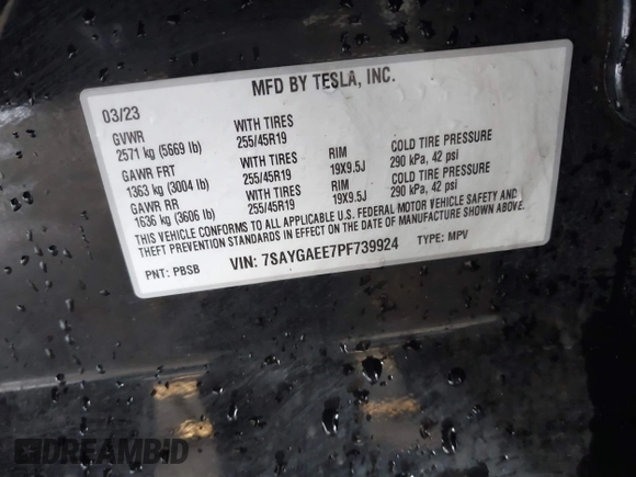 2023 Tesla Model Y Long Range with VIN 7SAYGAEE7PF739924, listed as a IAAI auction lot 41612323 with 75,226 mi miles and . Bid and sale history available at DreamBid. Image 9.