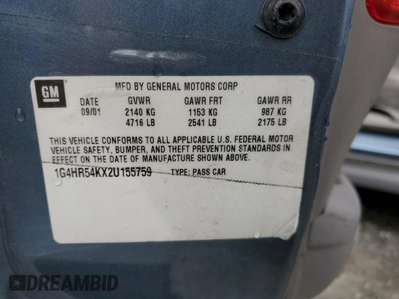 2002 Buick LeSabre Limited with VIN 1G4HR54KX2U155759, listed as a Copart auction lot 58183215 with 310,414 mi miles and Salvage title. Bid and sale history available at DreamBid. Image 12.