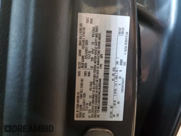 2022 Ford Escape SE with VIN 1FMCU9G63NUA06046, listed as a Copart auction lot 46512455 with 28,740 mi miles and Clean Title. Bid and sale history available at DreamBid. Image 13.