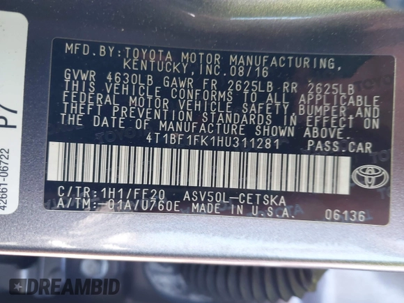 2017 Toyota Camry XLE with VIN 4T1BF1FK1HU311281, listed as a IAAI auction lot 41729435 with 132,488 mi miles. Bid and sale history available at carsss.com. Image 9.