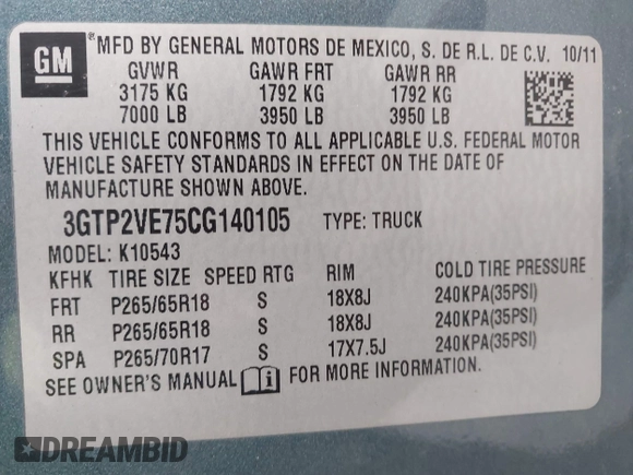 2012 GMC Sierra 1500 SLE with VIN 3GTP2VE75CG140105, listed as a IAAI auction lot 42074492 with 72,819 mi miles and . Bid and sale history available at DreamBid. Image 9.