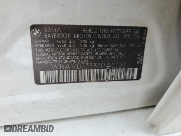 2007 BMW 3 Series 335i z VIN WBAVB73537PA85241, wystawiony jako Copart lot #57477645 z przebiegiem Nie podano mil oraz Czysty tytuł • Clean title. Historia ofert i sprzedaży dostępna na DreamBid. Obrazek 13.