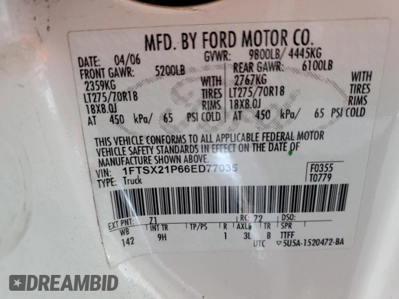 2006 Ford F-250 XL with VIN 1FTSX21P66ED77035, listed as a Copart auction lot 57294285 with 82,648 mi miles and Salvage title. Bid and sale history available at DreamBid. Image 12.